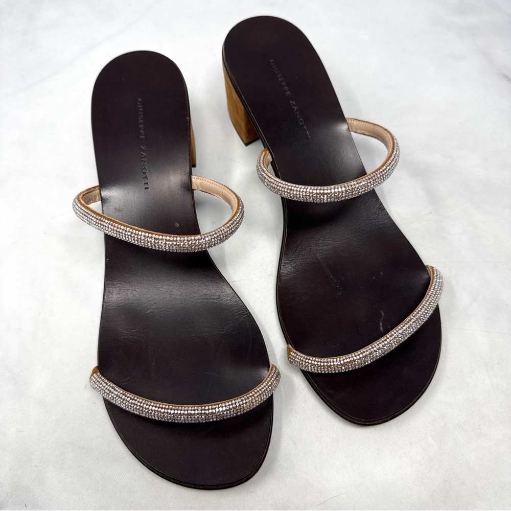 Giuseppe Zanotti Suede Rhinestone Minimalist Mule Sandal Heels Brown 40 - Picture 4 of 14